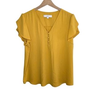 Loft Mustard Yellow Short Tulip Sleeve V-neck Blouse Size Large